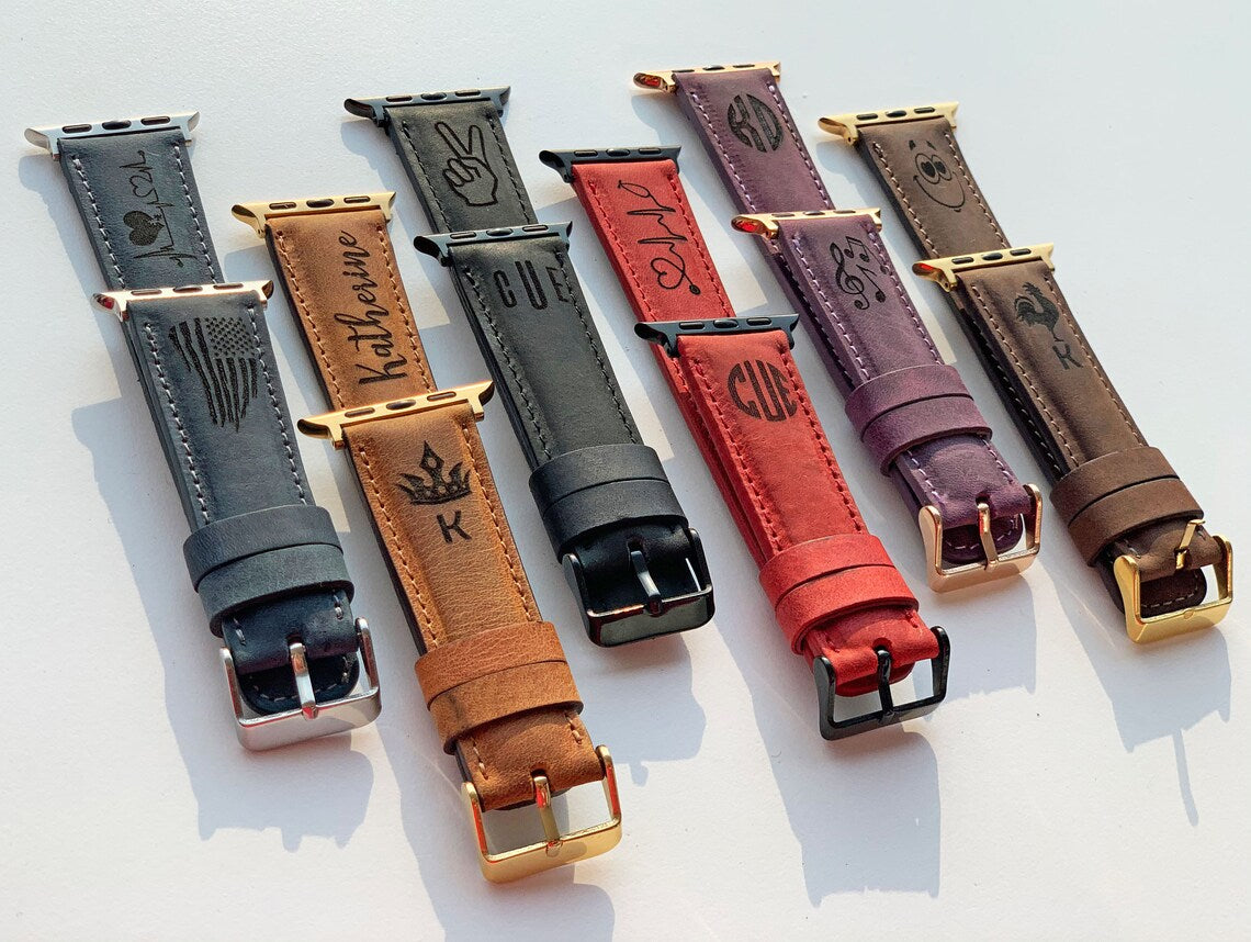 Custom Apple Watch Band 40mm 38mm 42mm 44mm Leather 40mm Monogram Engraved iWatch Strap Personalized Fathers Day Gift Mothers Day Gift