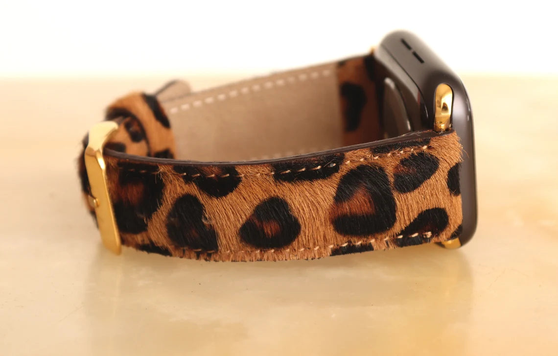 Mother's Day Gift, Furry Leopard Leather Watch Band Strap for Apple Watch Series 1, 2, 3, 4, 5, 6 (44, 42, 40, 38 mm), Furry Leopard Strap