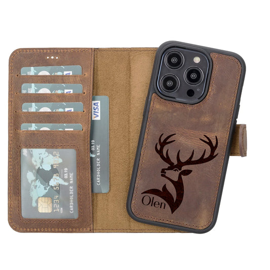 Personalized iPhone Leather Cover RFID PROTECTED Wallet Magsafe compatible Case, Custom Engraved Magnetic 14 Pro Max, 14 Pro, 14 Plus, 14