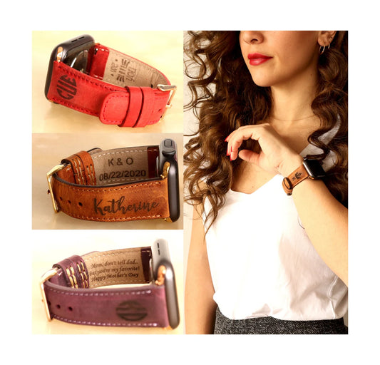 Woman's Personalized Custom Apple Watch Band 38mm 40mm 42mm 44mm Genuine Leather Mothers Day Monogram Engraved iWatch Strap Gift for Her