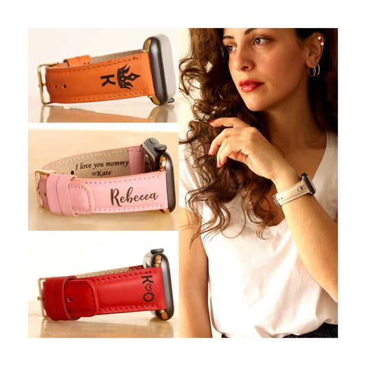 Custom Personalized Apple Watch Band Strap 41mm, 42mm, 45mm, 49mm Genuine Leather Monogram Engraved Gift for Wife, Mothers Day Gift