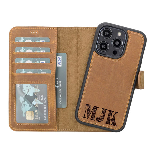 Engraved RFID PROTECTED iPhone 14 Pro Max / 14 Pro / 14 Plus / 14 Magnetic Leather Wallet Wireless Charging Cover, Custom Personalized Case