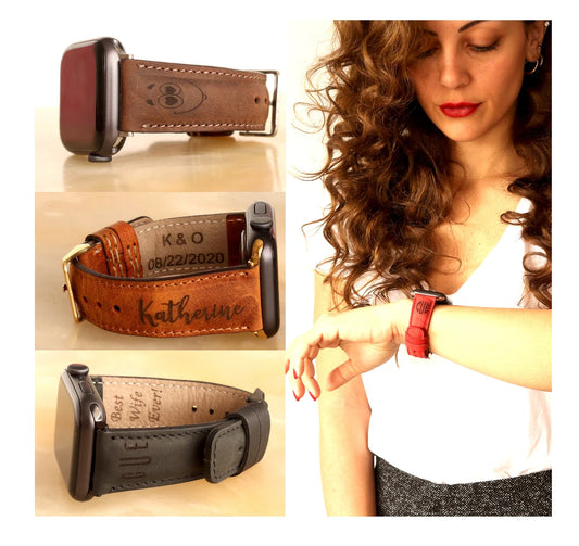 Mothers Day Gift, Custom Apple Watch Band 40mm 38mm 42mm 44mm Leather 40mm Monogram Engraved iWatch Strap Personalized Unisex Gift