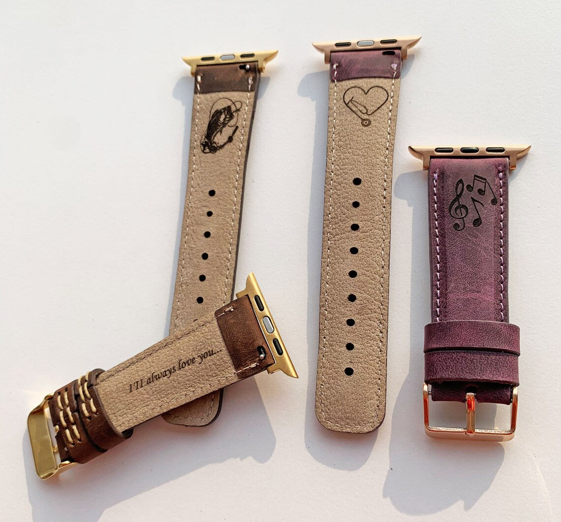 Custom Apple Watch Band 40mm 38mm 42mm 44mm Leather 40mm Monogram Engraved iWatch Strap Personalized Fathers Day Gift Mothers Day Gift