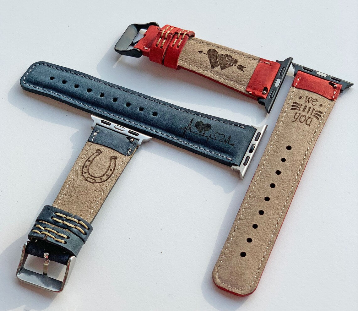 Custom Apple Watch Band 40mm 38mm 42mm 44mm Leather 40mm Monogram Engraved iWatch Strap Personalized Fathers Day Gift Mothers Day Gift