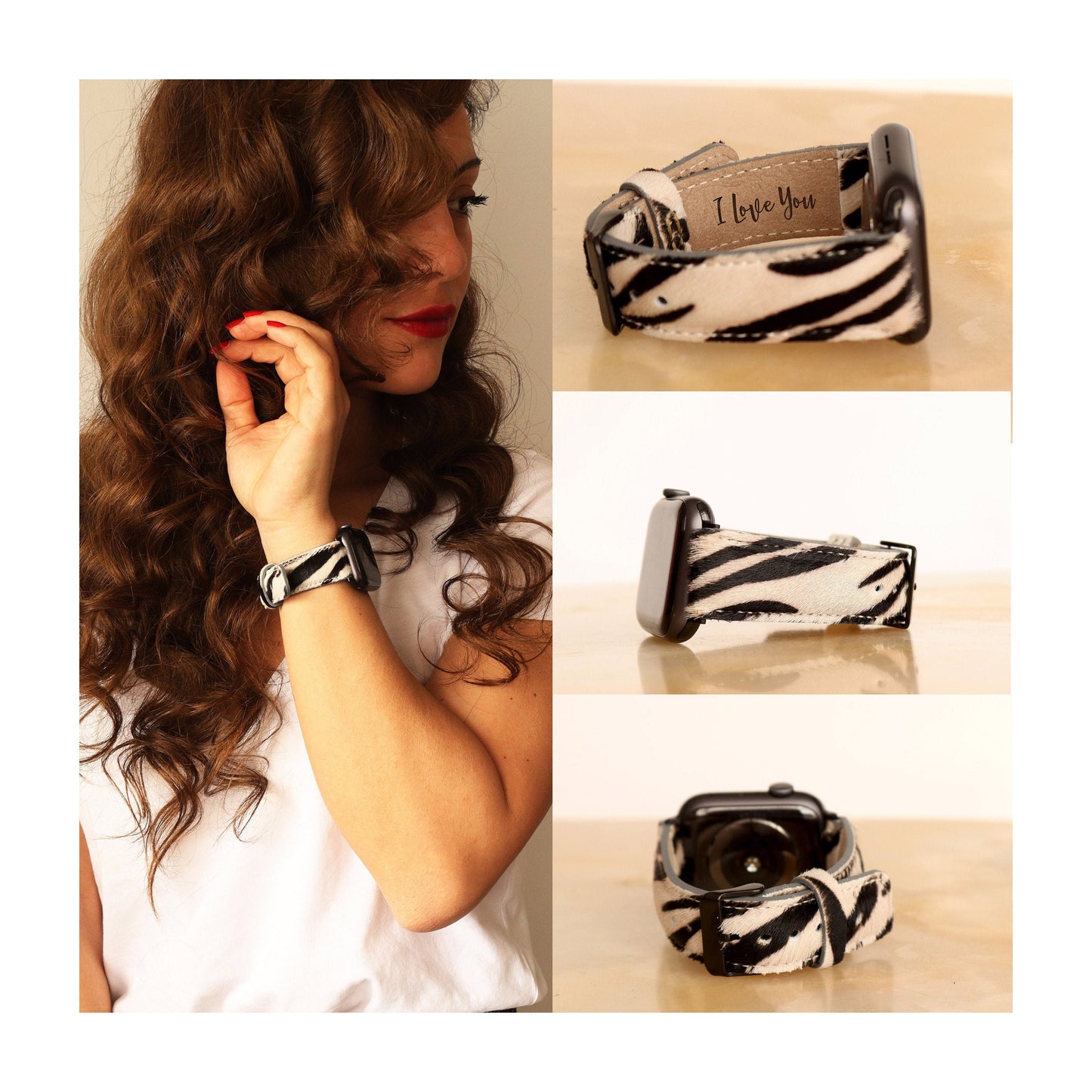 Christmas Gift, Furry Zebra Leather Watch Band Strap for Apple Watch Series 1, 2, 3, 4, 5, 6, 7, 8, SE, Ultra (49, 45, 44, 42, 41, 40, 38 mm), Furry Zebra Strap