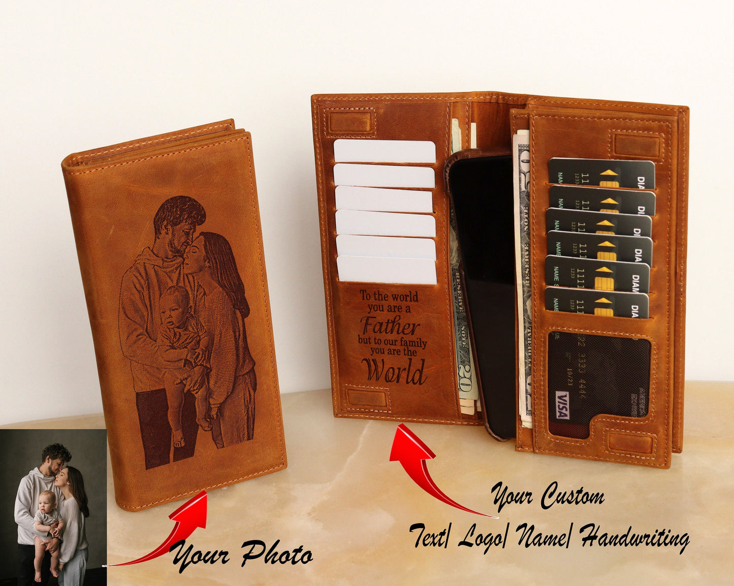 Custom Photo Unisex Genuine Leather Wallet, RFID Protected Clutch Bag Handbag, LHL005