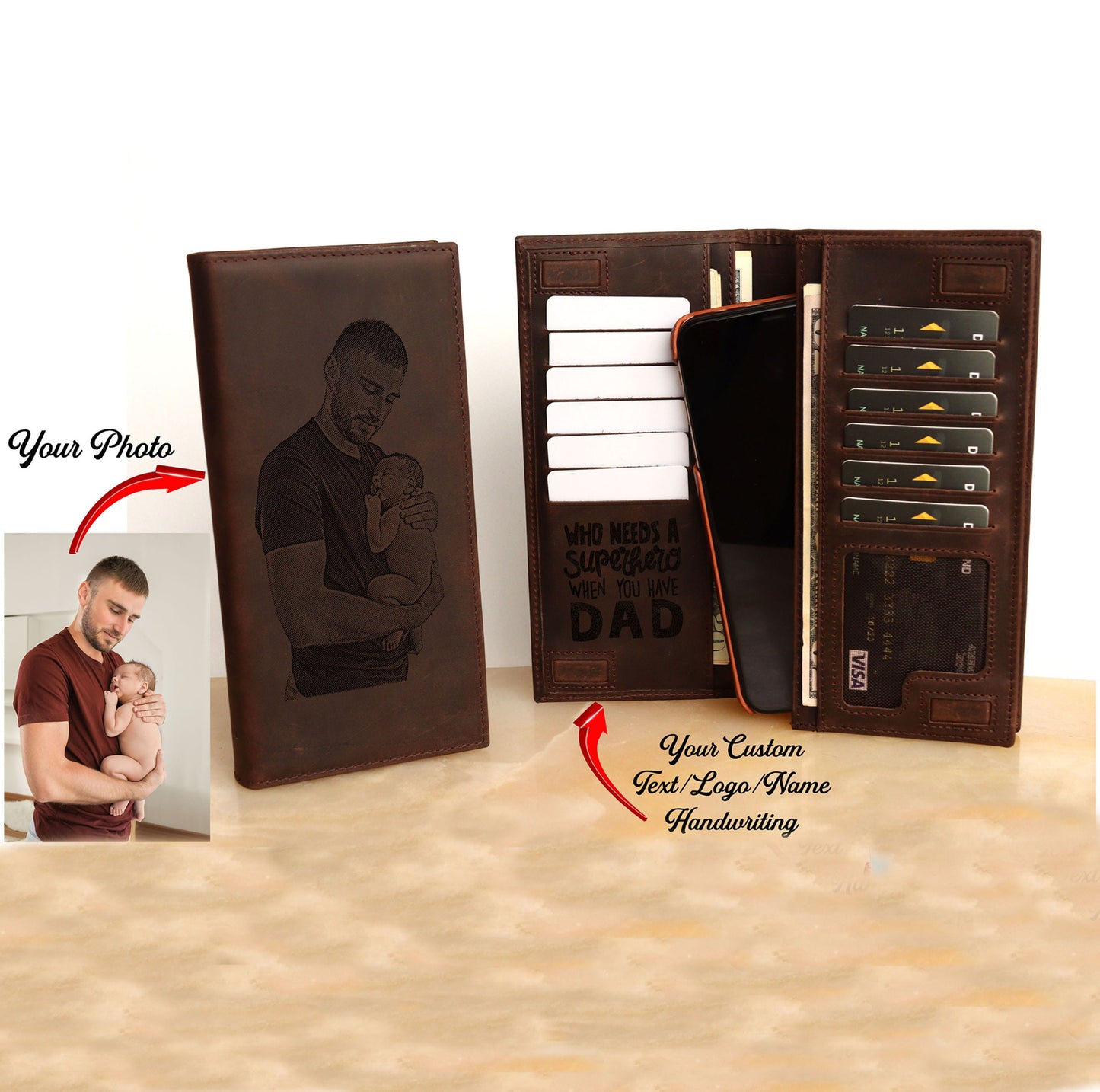 Custom Photo Unisex Genuine Leather Wallet, RFID Protected Clutch Bag Handbag, LHL005
