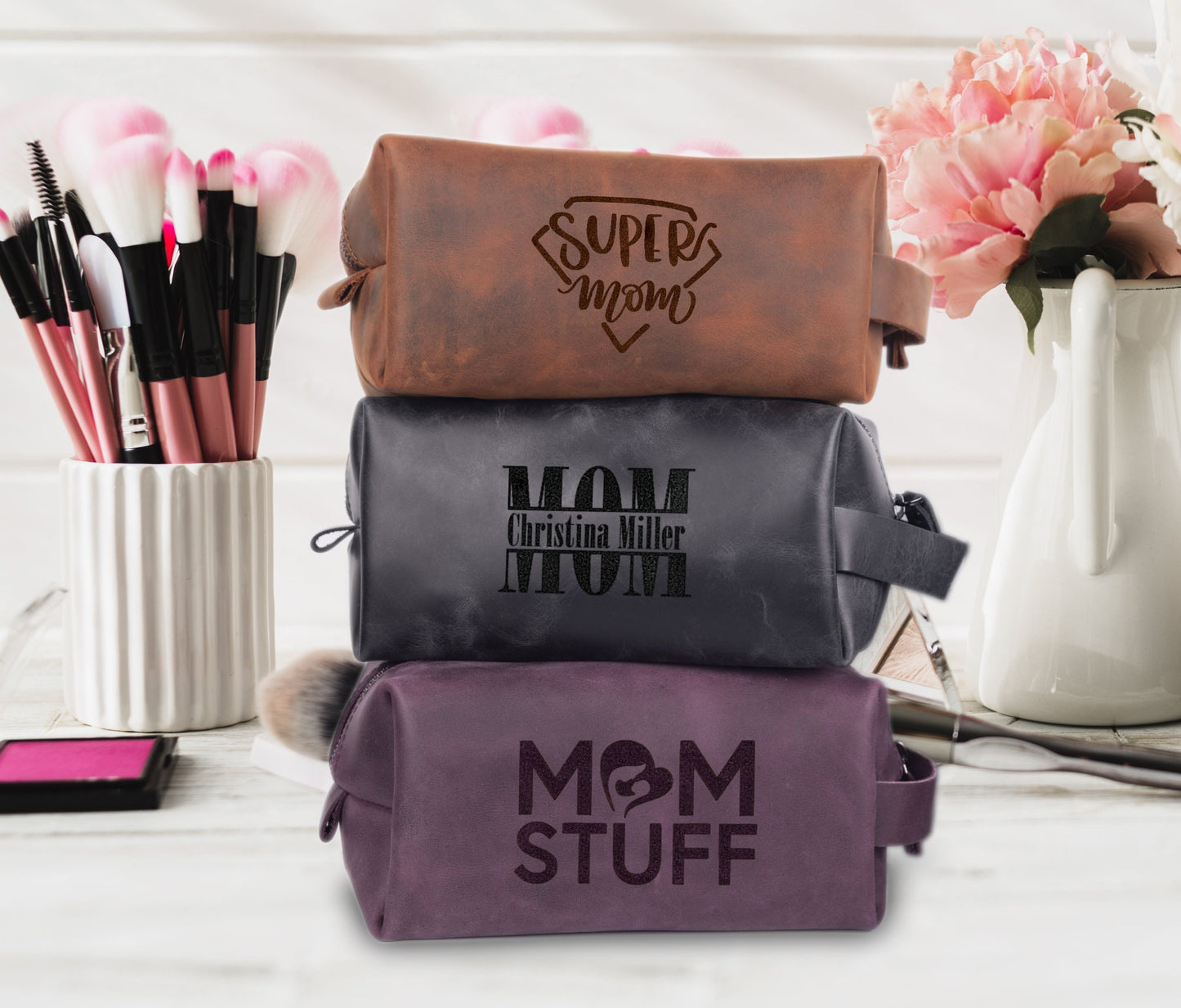 Personalized Make Up Bag, Cosmetic Bag Pouch, Genuine Leather Toiletry Bag, LHG009