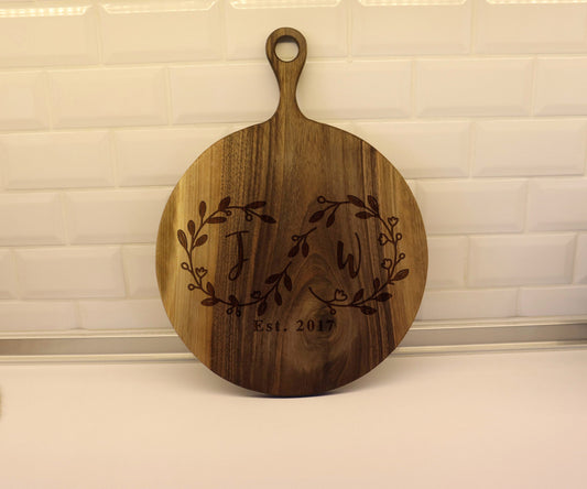 Personalized Round Charcuterie Board with Handle Cutting Board Engraved Cheese Board Custom Bridal Shower Anniversary Housewarming Gift