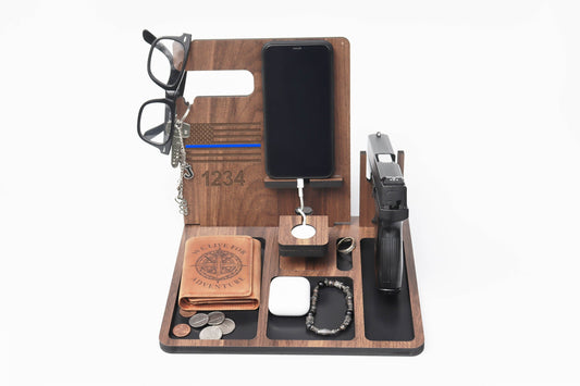 Engraved Docking station with gun holder, Wood docking station, Nightstand organizer with gun holder, Police officer gift, Tech Gift