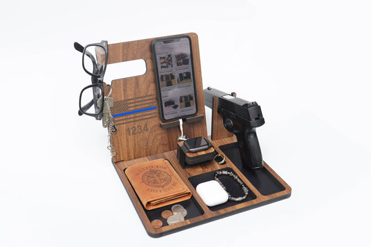 Wooden Docking Station, Police officer Station, Wood Stand for gun, Charging station Law enforcement Gift for men Nightstand with gun holder