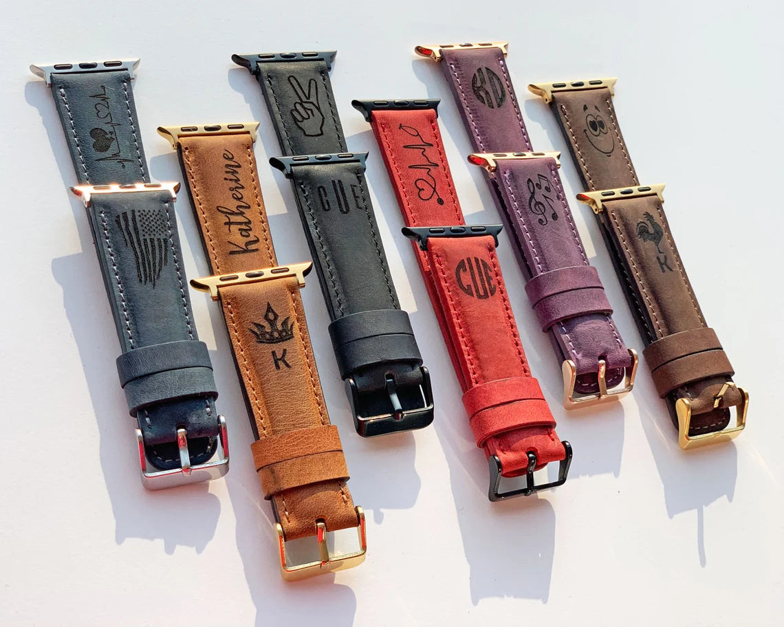 Personalized Custom Apple Watch Band 41mm 42mm 45mm 49mm Genuine Leather Fathers Day Gift Monogram Engraved iWatch Strap Gift for Him