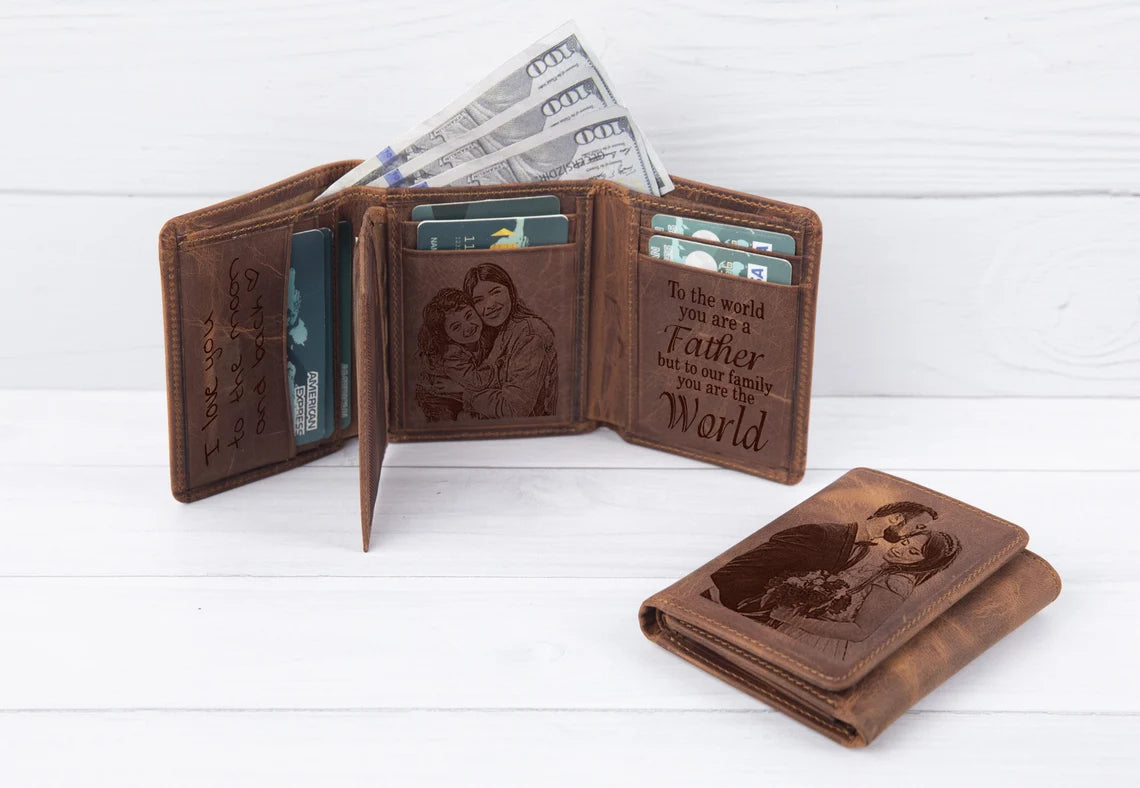 Custom Personalized Men's Wallet - Engraved Photo Trifold Wallet, PU Leather, 4.7x3.9 Inches, Gift For Him