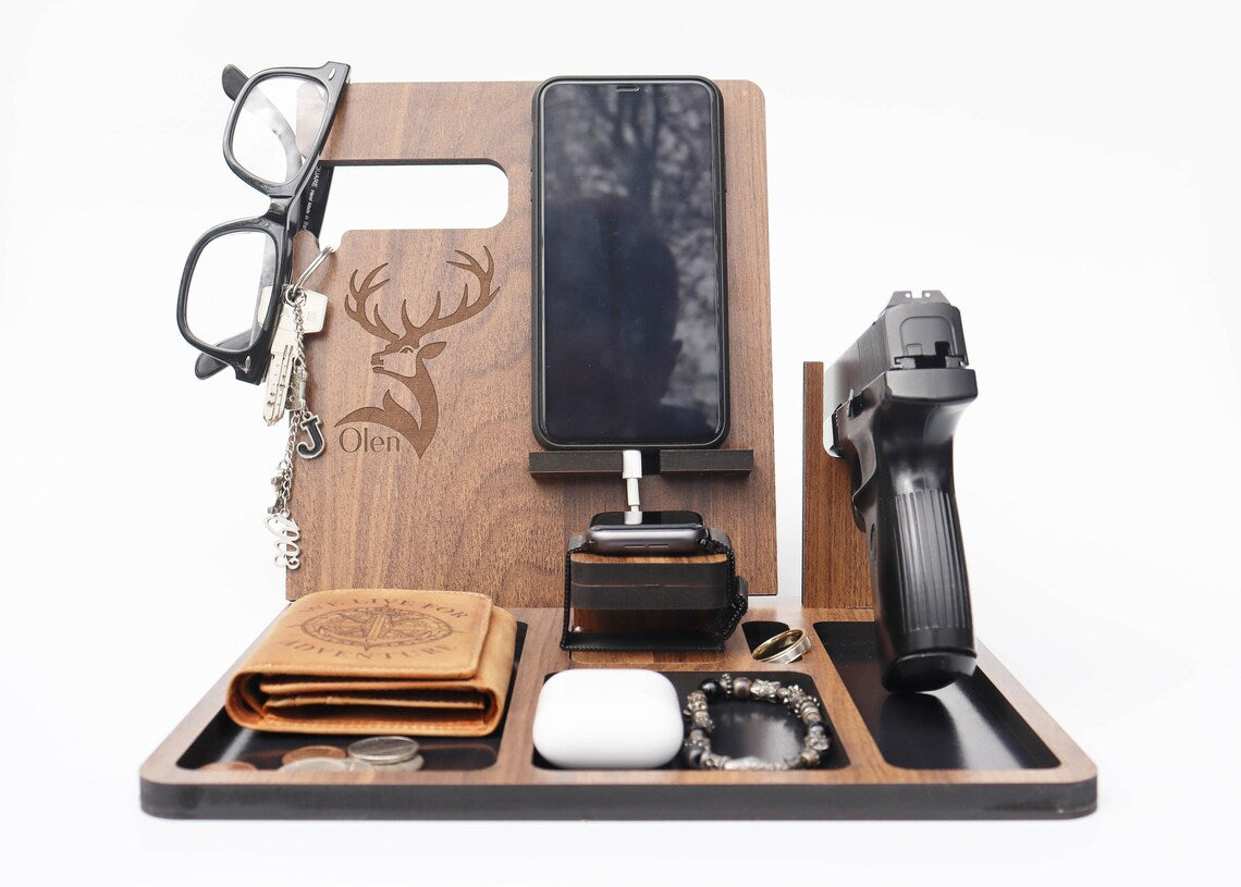 Personalized Docking station with gun holder, Wood docking station, Nightstand organizer with gun holder, Police officer gift, Tech Gift