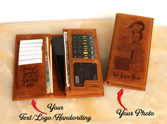 Custom Men's Wallet Personalized Photo Genuine Leather Wallet Clutch Bag,  RFID Protected Engraved Men Long Wallet, LHL005