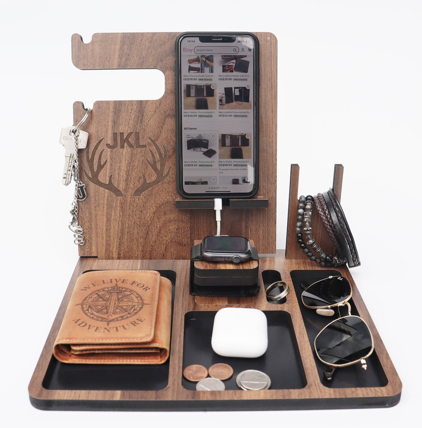 Personalized Charging Docking Station, Engraved Phone Watch Wooden Valet, Mens Gift, Mens Anniversary Gift, Boyfriend Gift, Christmas Gift