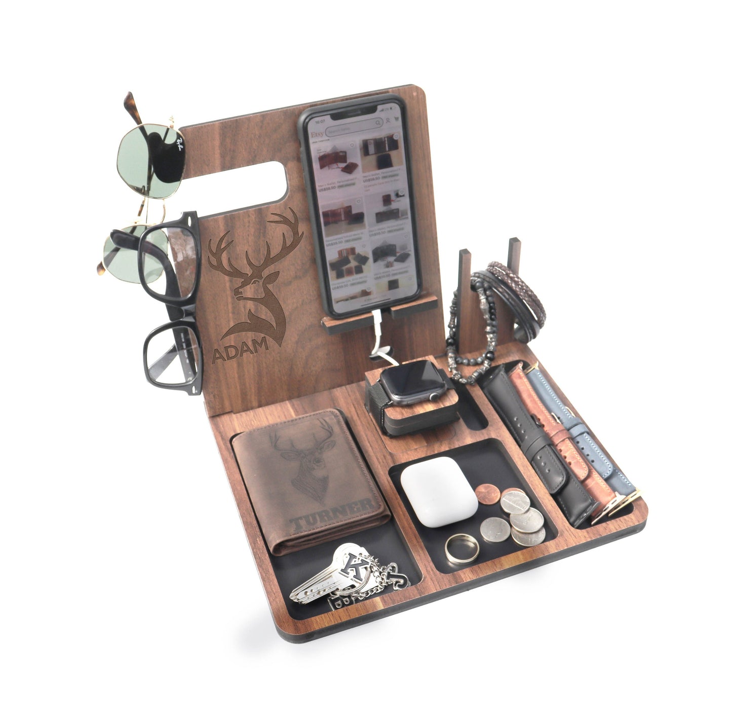 Personalized Charging Docking Station, Engraved Phone Watch Wooden Valet, Mens Gift, Mens Anniversary Gift, Boyfriend Gift, Christmas Gift