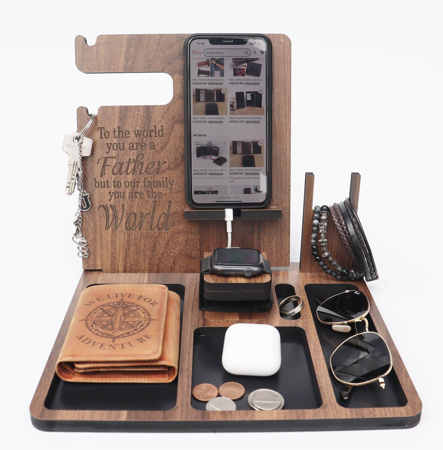 Personalized Charging Docking Station, Engraved Phone Watch Wooden Valet, Mens Gift, Mens Anniversary Gift, Boyfriend Gift, Christmas Gift