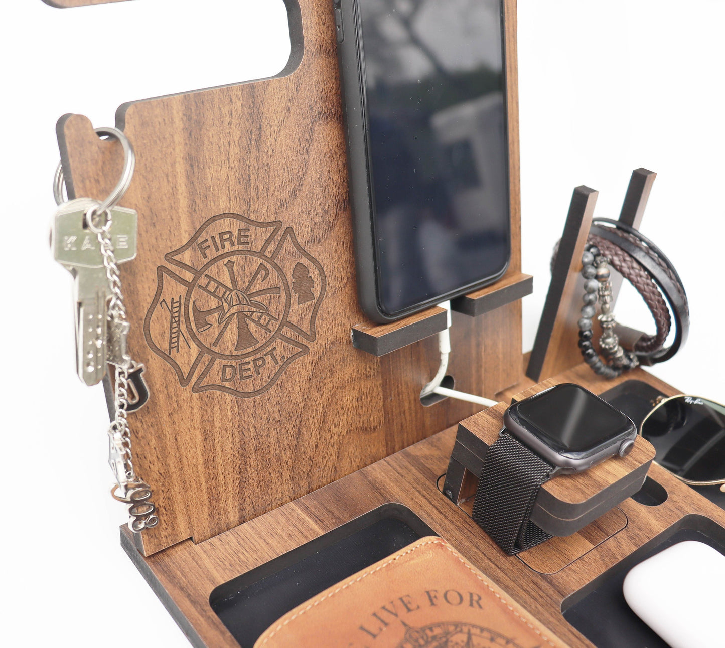 Personalized Docking station with gun holder, Wood docking station, Nightstand organizer with gun holder, Police officer gift, Tech Gift