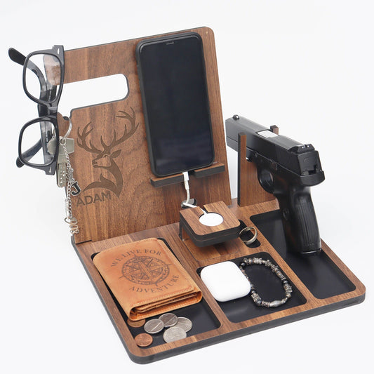 Wood Docking station with gun holder, Nightstand organizer with gun holder, Police officer gift, Christmas Gift Tech Gift Father's Day Gifts